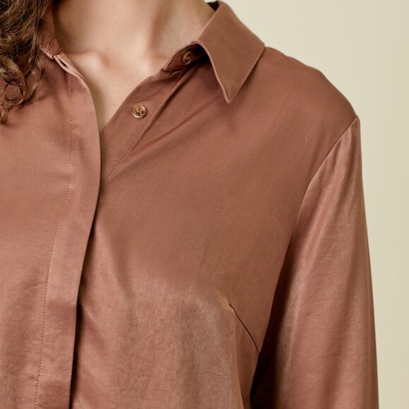 MYSTREE Satin Bronze Pleated Back Tunic Blouse | Longline Button Front Top - Picture 6 of 6